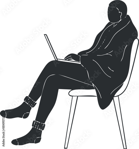 Modern minimalist vector illustration of a person sitting comfortably with a laptop, wrapped in a cozy blanket for home office use