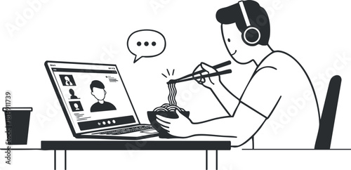 Minimalist black and white vector illustration of a person eating noodles while participating in a video conference on a laptop.
