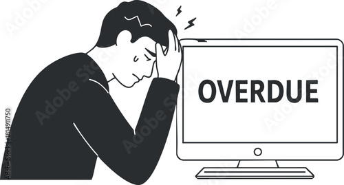Modern flat design vector illustration depicting a stressed man with a computer showing the word 'OVERDUE', ideal for concepts of deadlines and work pressure