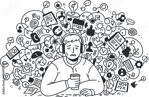 Creative black and white vector illustration depicting a person with headphones surrounded by an overload of digital communication icons and symbols.