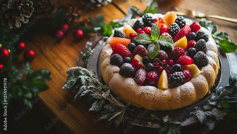 Obraz premium Galette des rois provençale aux fruits frais décorée de baies, agrumes et feuilles vertes sur table en bois pour visuel d’Épiphanie lié aux rois mages et à la tradition de début janvier