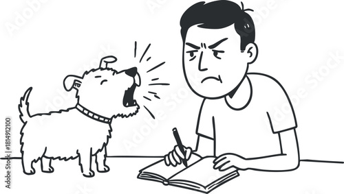 Playful black and white vector illustration of a man writing in a notebook with a barking dog nearby.