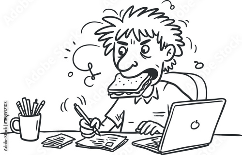 Funny cartoon illustration of a busy office worker eating while writing notes at a laptop, showcasing a humorous take on multitasking.