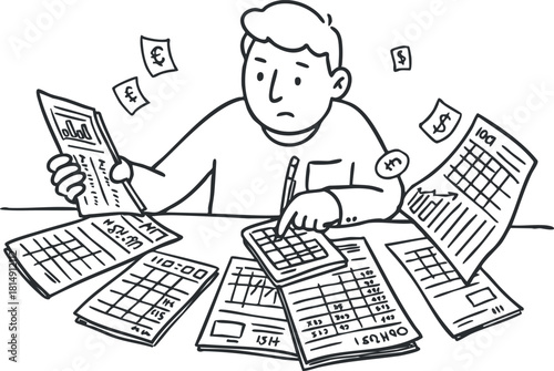 Hand-drawn vector illustration depicting a businessman analyzing financial documents, charts, and reports in a minimalist style for business and finance concepts