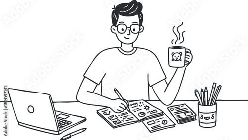 Minimalist black and white vector illustration of a creative workspace featuring an artist sketching designs with a laptop and coffee.
