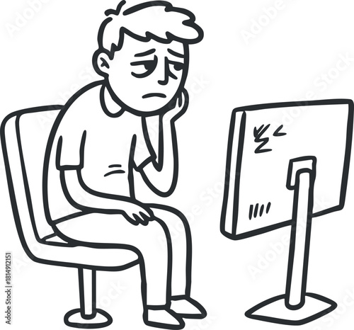 Line art illustration of a sad young man sitting at a computer, conveying feelings of boredom and frustration in a modern workspace.