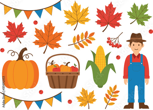 Autumn harvest farm illustration with farmer, pumpkin, corn, colorful fall leaves, seasonal fruits, festive bunting, rustic countryside design elements