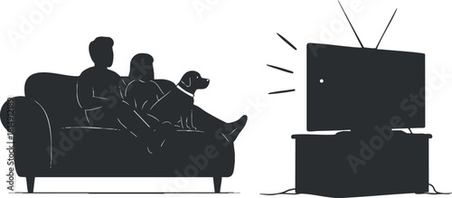 Minimalist black and white vector illustration of a couple and a dog relaxing on a sofa while watching television