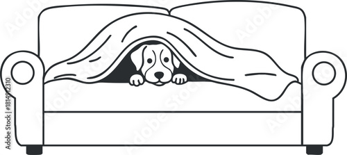Cute vector illustration of a dog hiding under a blanket on a cozy couch, ideal for pet-related designs and home decor.