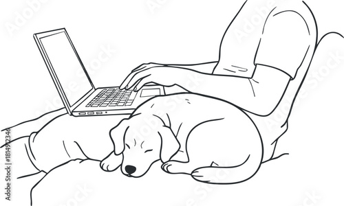Minimalist line art illustration of a person working on a laptop with a dog resting beside them