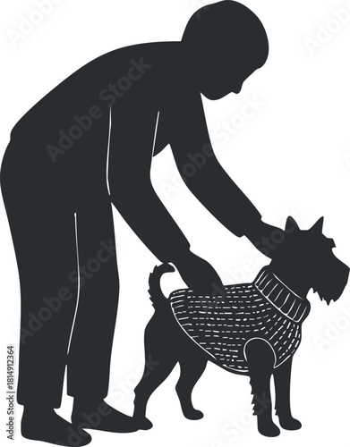 Silhouette vector illustration of a man interacting with a dog in a sweater, showcasing companionship and care.