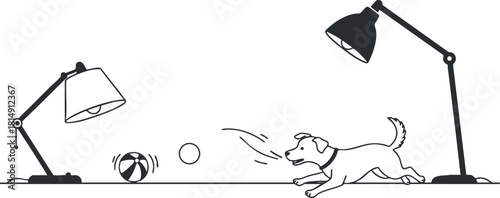 Whimsical minimalist vector illustration of a playful dog chasing a ball under lamps, perfect for pet-themed designs