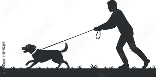 Silhouette vector illustration of a man walking a dog on a leash in a grassy outdoor setting