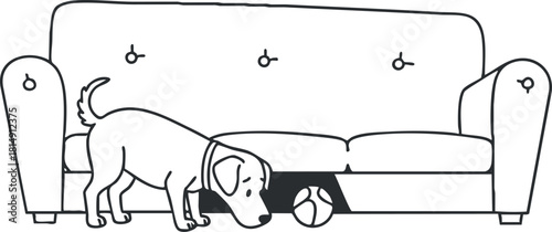 Playful outline vector illustration of a dog interacting with a ball near a cozy sofa, ideal for home decor themes