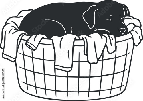 Cute black and white vector illustration of a dog sleeping in a laundry basket, ideal for pet-related designs