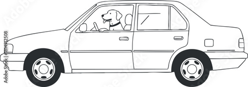 Outline vector illustration of a dog happily sitting in a car, perfect for travel and pet-themed designs