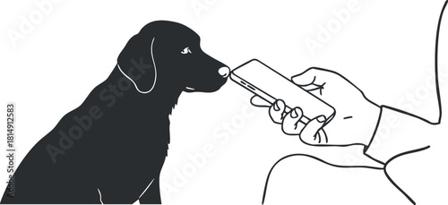 Minimalist line art illustration of a dog interacting with a smartphone, showcasing the bond between pets and technology