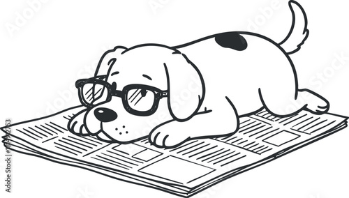 Cute cartoon illustration of a dog wearing glasses reading a newspaper in a playful style for pet-related designs