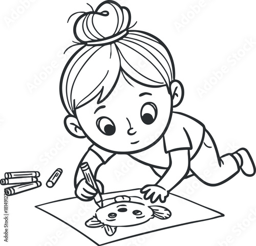 Cute black and white vector illustration of a child drawing a cartoon character on paper, perfect for educational and creative themes