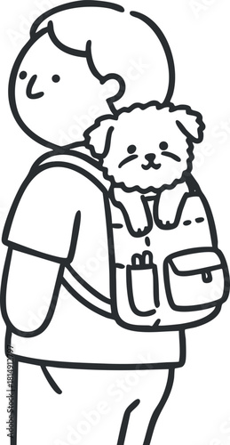 Cute line art illustration of a child with a dog in a backpack, perfect for pet care and family themes