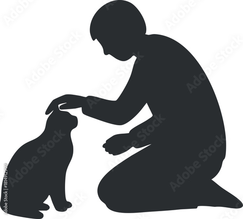 Silhouette vector illustration of a person petting a cat, symbolizing love and companionship between humans and pets