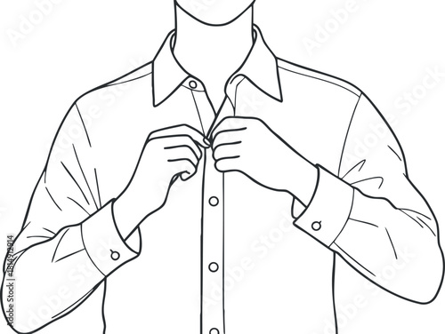 Outline vector illustration of a man buttoning a shirt, ideal for fashion design and apparel concepts