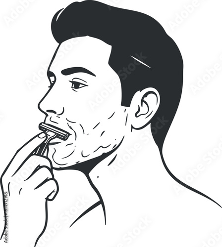 Stylish minimalist vector illustration of a man shaving his face, ideal for grooming and personal care projects