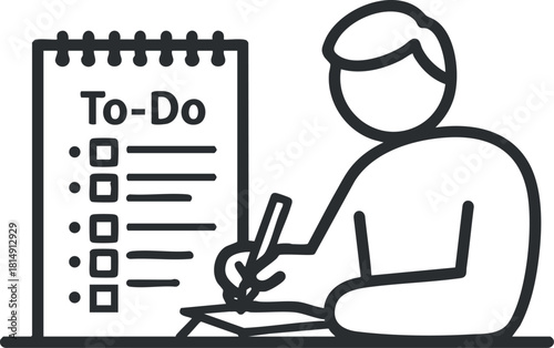 Minimalist outline vector illustration of a person writing a to-do list for organization and productivity projects