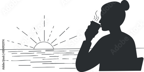 Minimalist silhouette vector illustration of a person sipping coffee at sunrise over the ocean, perfect for wellness themes