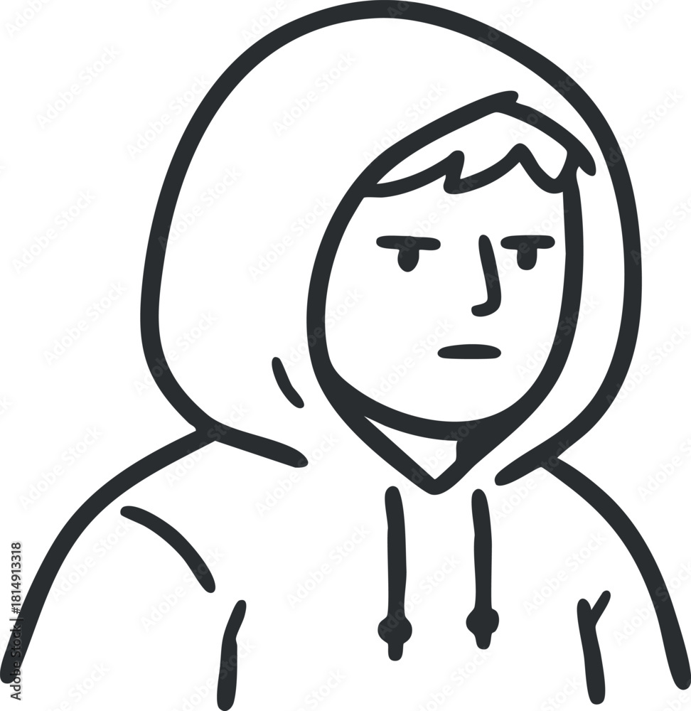 Obraz premium Outline vector illustration of a young person wearing a hoodie, expressing a thoughtful attitude for casual design projects