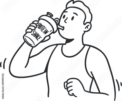 Line art illustration of a man drinking a protein shake, ideal for fitness and nutrition-themed designs