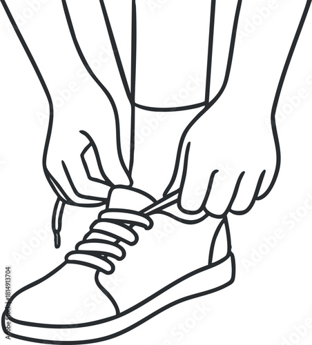 Line art illustration of a person tying shoelaces on a sneaker, showcasing a minimalist and clean design suitable for sports and lifestyle themes
