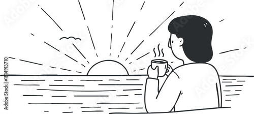 Minimalist vector illustration of a person enjoying coffee while watching a serene sunrise over the horizon.