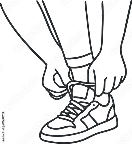 Outline vector illustration of a person tying shoelaces on a sneaker, suitable for fitness and lifestyle themes