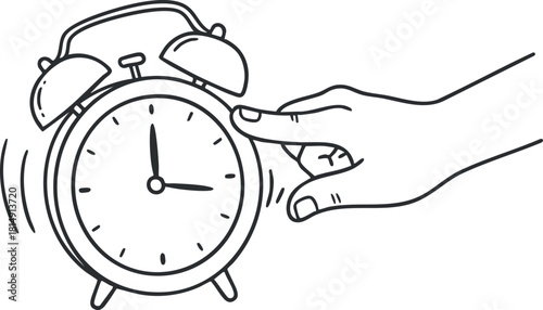 Line art vector illustration of a hand turning off an alarm clock, symbolizing waking up and time management