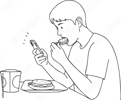 Minimalist line art vector illustration of a person enjoying a burger while using a mobile phone, suitable for lifestyle and food-related design projects