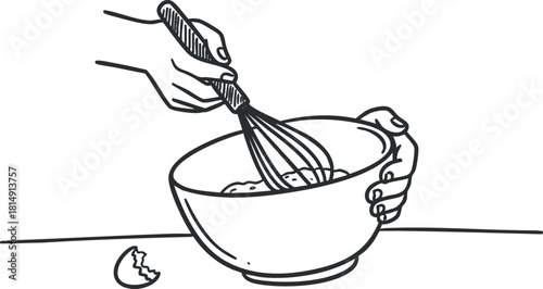 Hand-drawn outline illustration of a person whisking ingredients in a bowl, perfect for culinary projects and recipe designs