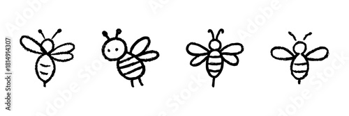 Cute Bee Line Icon Set In Doodle Style. Pollination, Honey Production, And Environmental Conservation Outline Sketch Collection. Hand Drawn Isolated Vector Illustration