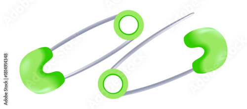 Two green safety pins with their metallic pins extended. are shown against a white background, 