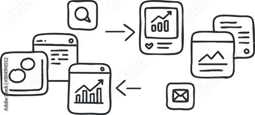 Outline vector illustration of digital analytics concept featuring data charts and mobile devices for business growth and strategy.