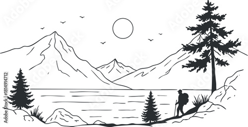 Minimalist black and white vector illustration of a hiker in a scenic mountain landscape with a lake and sun.