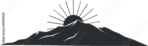 Minimalist black and white vector illustration of a mountain silhouette with a rising sun and rays, perfect for outdoor branding and nature-themed projects