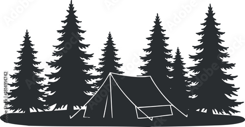 Silhouette vector illustration of a camping scene featuring a tent surrounded by tall pine trees for outdoor adventure themes