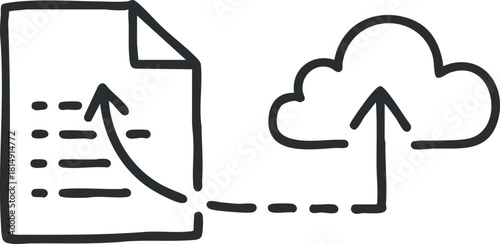 Outline vector illustration of file upload to cloud storage, ideal for technology and data management projects