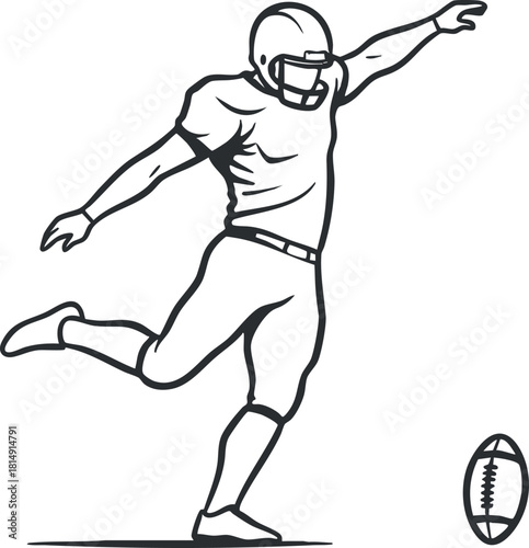 Line art vector illustration of a football player executing a kick, ideal for sports-themed designs and branding.
