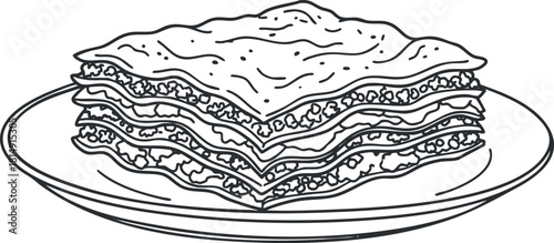 Outline vector illustration of a delicious lasagna dish served on a plate, perfect for menu design and culinary projects