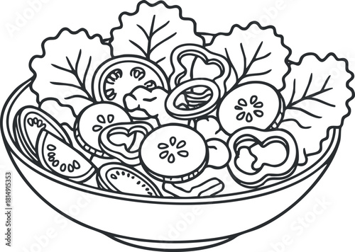 Outline vector illustration of a fresh salad bowl featuring a variety of vegetables for healthy eating and cooking designs