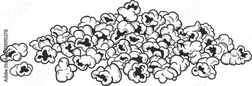 Whimsical black and white vector illustration of a pile of popcorn for snack-related designs and branding projects