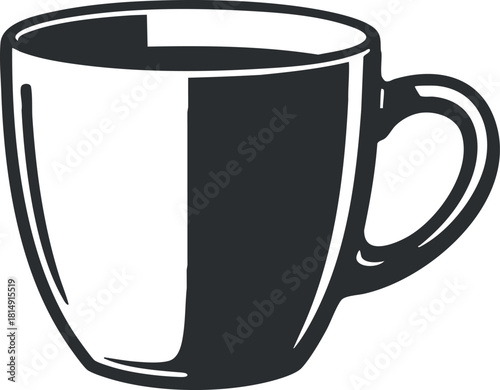 Stylized black and white vector illustration of a coffee cup for kitchen and dining design projects