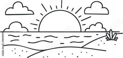 Minimalist outline vector illustration of a serene sunrise over the ocean, ideal for nature-themed designs and backgrounds